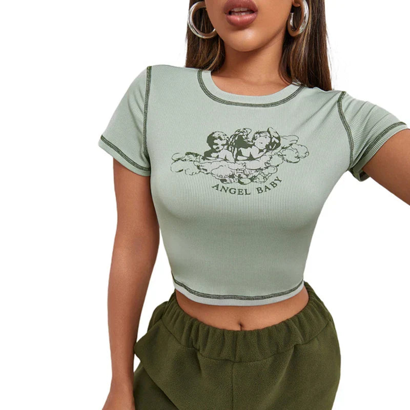 Printed Round Neck Contrast Stitch Slim Fit Casual Crop Tops Short Sleeve Tee