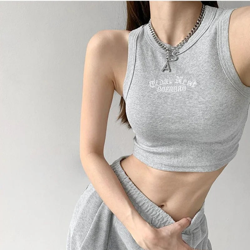 Ribbed Knitted Embroidery Letter Crop Top