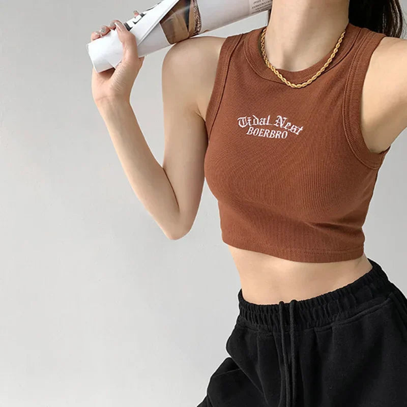 Ribbed Knitted Embroidery Letter Crop Top