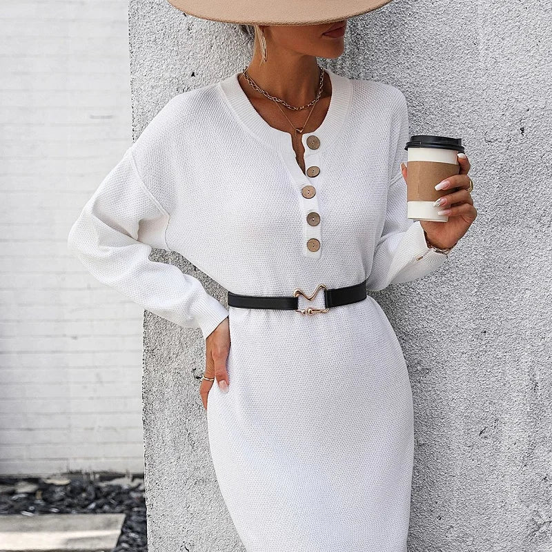 Casual Loose Knitted Sweater Button Solid Autumn/Winter Midi Dress