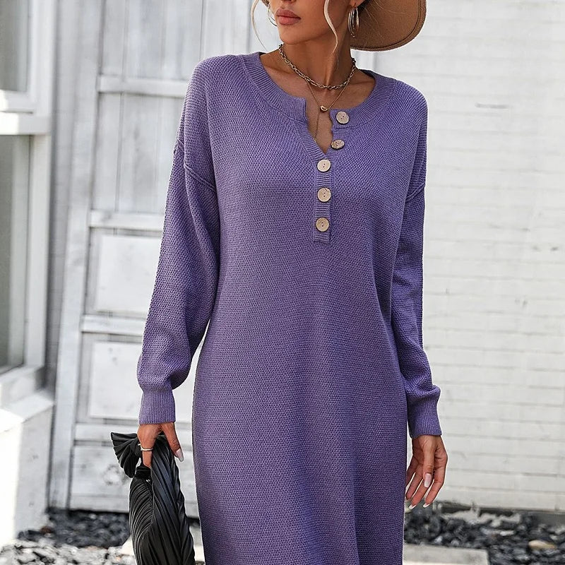 Casual Loose Knitted Sweater Button Solid Autumn/Winter Midi Dress