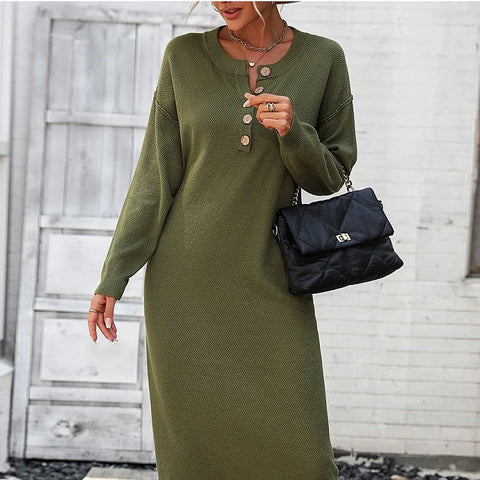 Casual Loose Knitted Sweater Button Solid Autumn/Winter Midi Dress