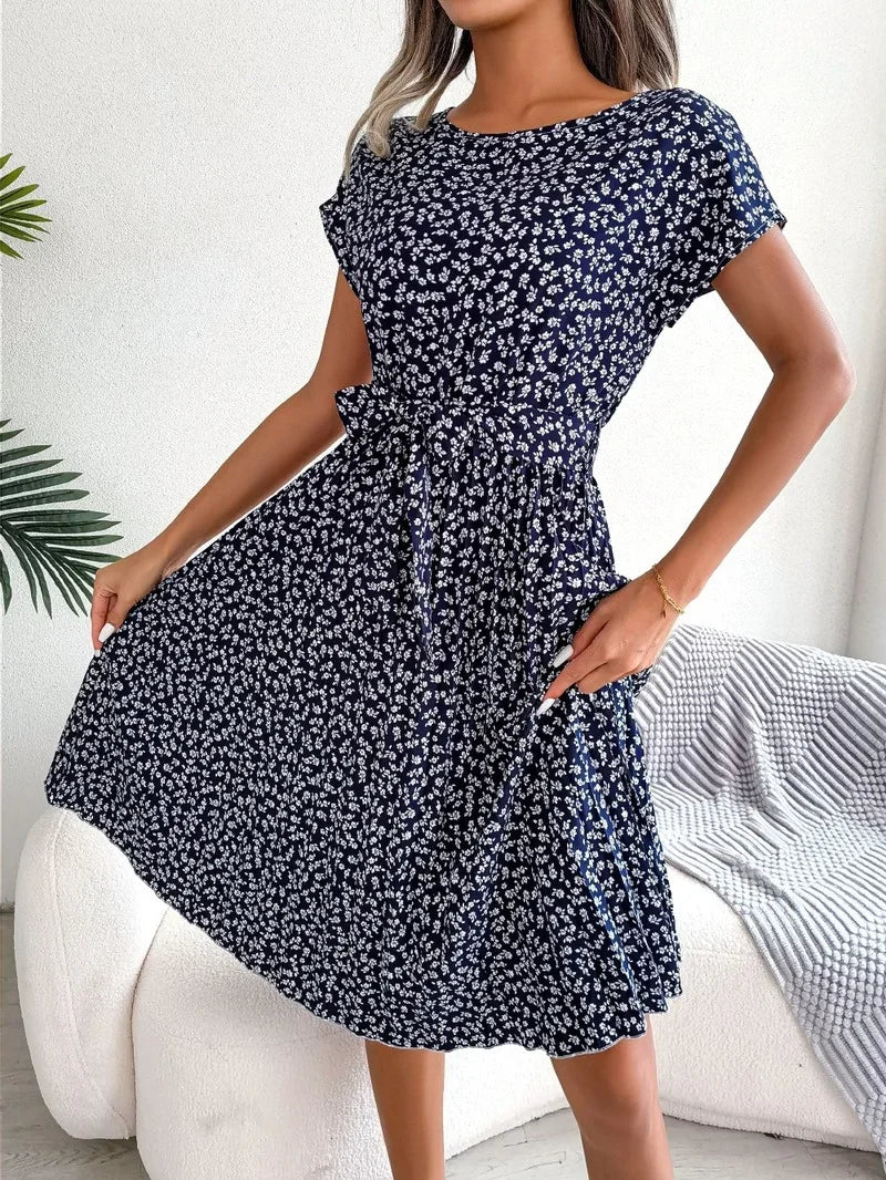 Elegant Floral Print Pleated Summer Lace-up O-neck Short Sleeve Swing Midi Dress