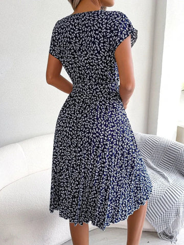 Elegant Floral Print Pleated Summer Lace-up O-neck Short Sleeve Swing Midi Dress