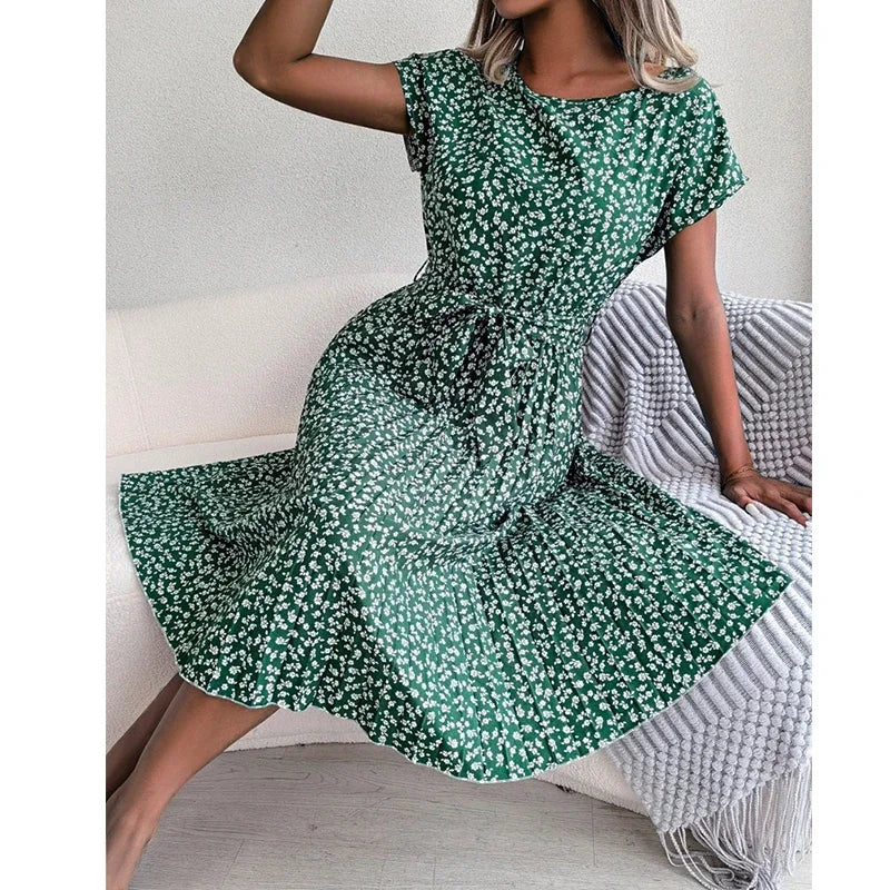 Elegant Floral Print Pleated Summer Lace-up O-neck Short Sleeve Swing Midi Dress