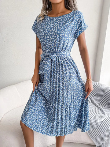 Elegant Floral Print Pleated Summer Lace-up O-neck Short Sleeve Swing Midi Dress