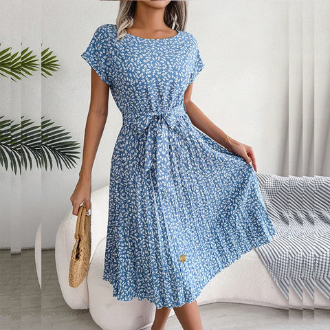 Elegant Floral Print Pleated Summer Lace-up O-neck Short Sleeve Swing Midi Dress