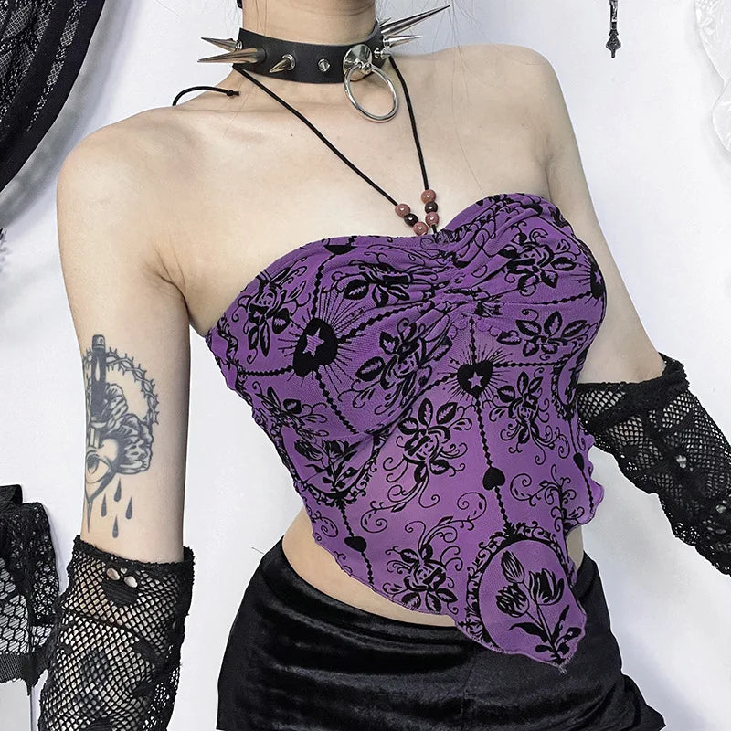 Gothic Irregular Bandeau Halterneck Flocked Backless Crop Top