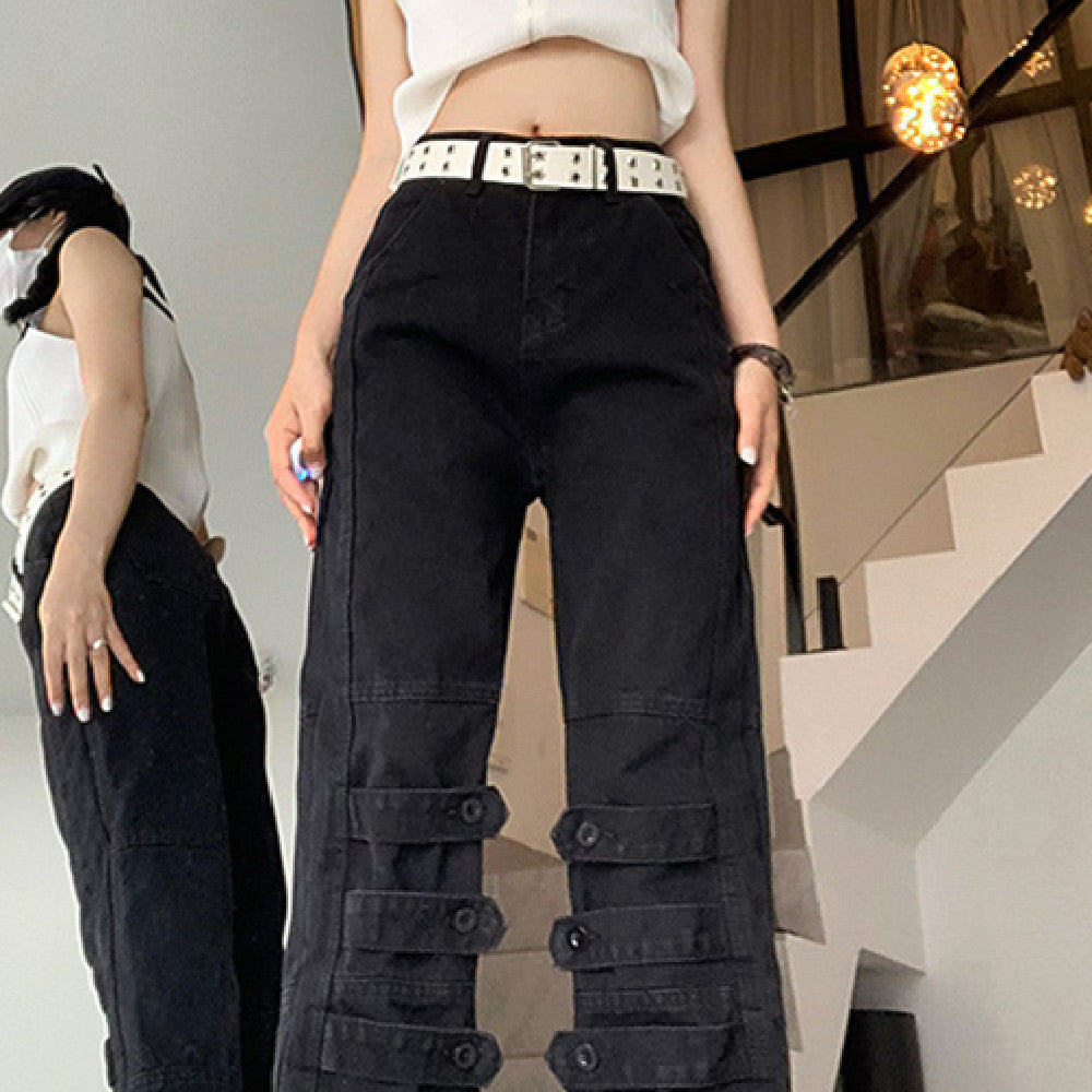 Black Ankle Graceful Straight Cargo Jeans