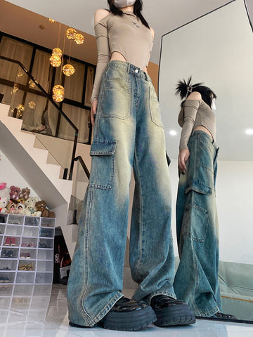 American Vintage Style Trendy Pocket Cargo Boyfriend Jeans