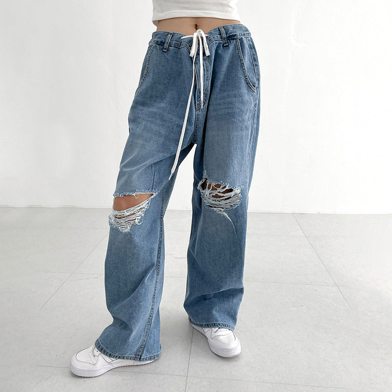 Hip Hop Irregular Ripped Modern High Waist Tie Loose Pants