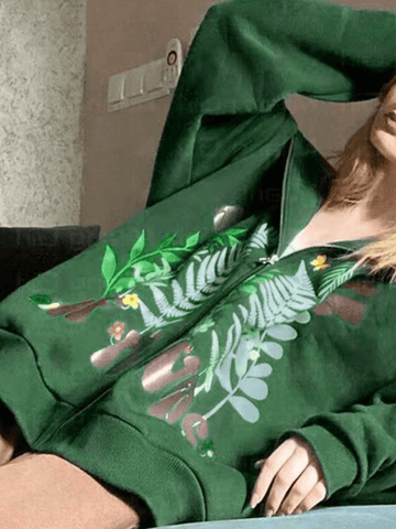 Botanical Print Green Zip-Up Hoodie