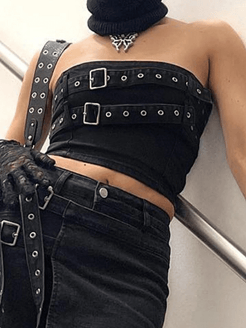 Buckle Belted Denim Bandeau Top