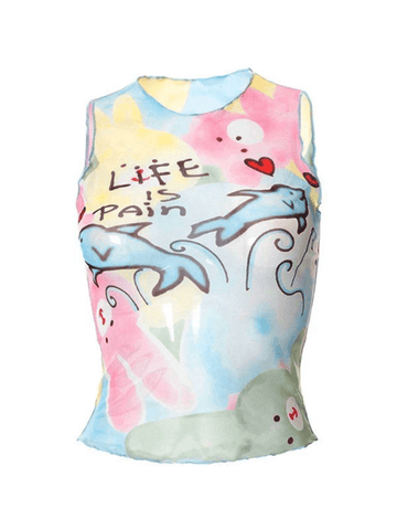 Cartoon Print Mesh Tank Top