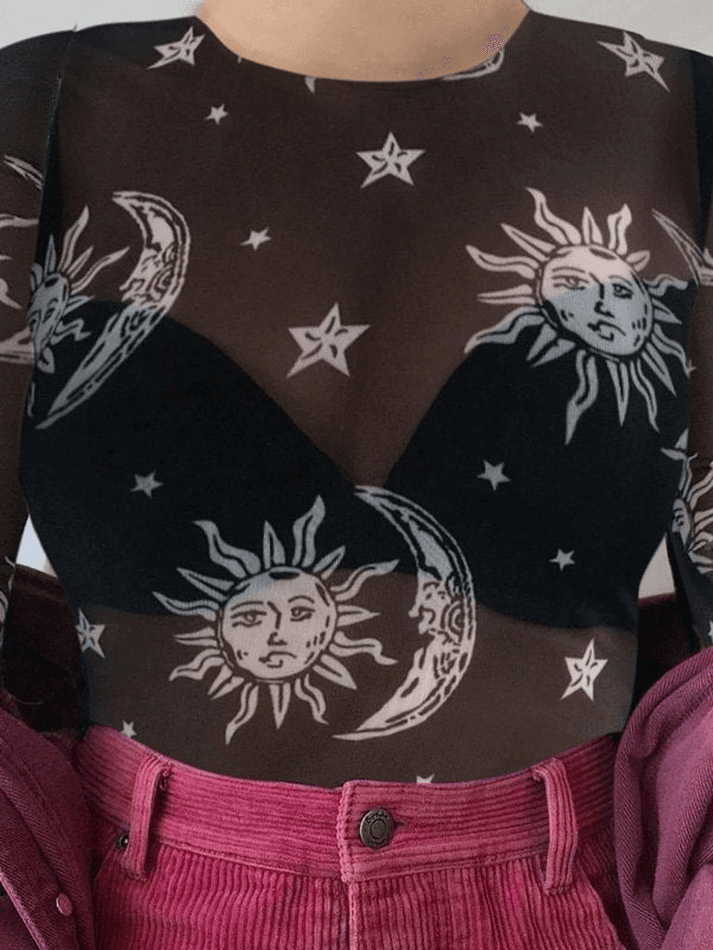 Celestial Print Sheer Mesh Crop Top