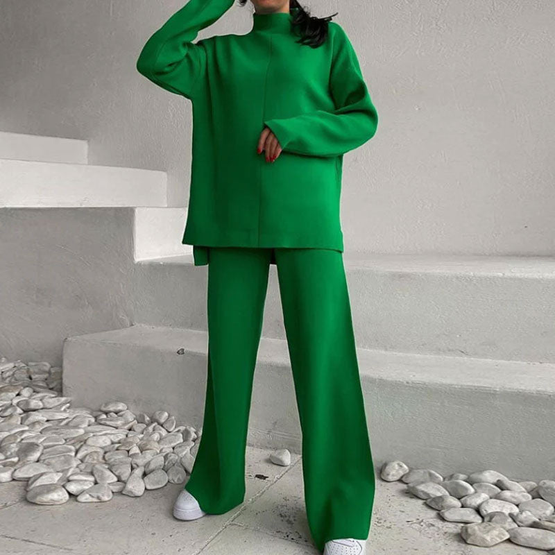 High Neck Rib Knit Pullover Sweater Wide Leg Pants Matching Set - Green