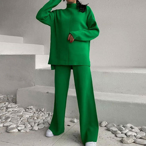 High Neck Rib Knit Pullover Sweater Wide Leg Pants Matching Set - Green