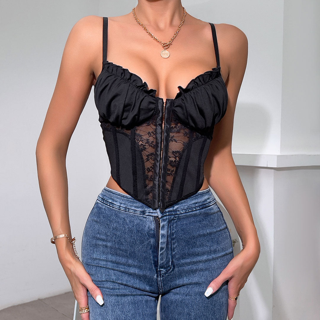 Ruffled Sweetheart Hook and Eye Sheer Lace Crop Corset Top - Black