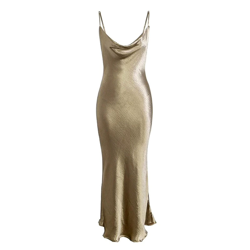 Classy Cowl Neck Tie String Silky Slip Maxi Dress - Champagne