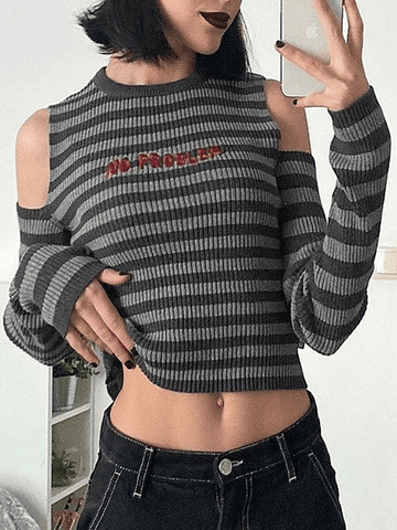 Cold Shoulder Striped Cropped Sweater