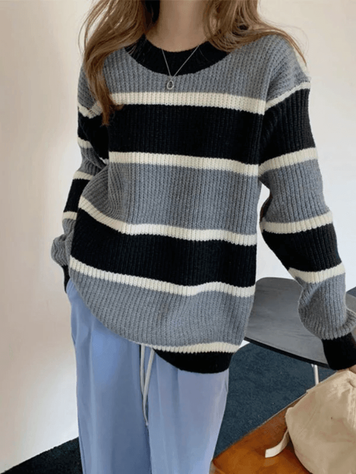 Color Block Striped Knit Sweater