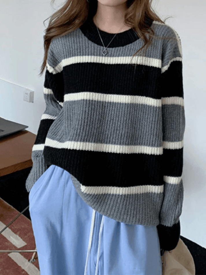 Color Block Striped Knit Sweater