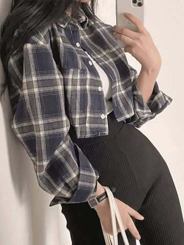 Cropped Long Sleeve Checkered Blouse