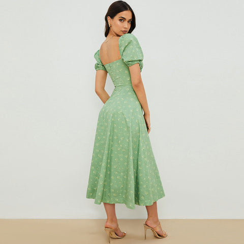 Daisy Printed Puff Sleeve High Slit Smock Maxi Sundress - Sage Green