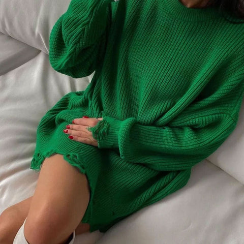 Distressed Trim Pullover Sweater Mini Dress - Emerald Green