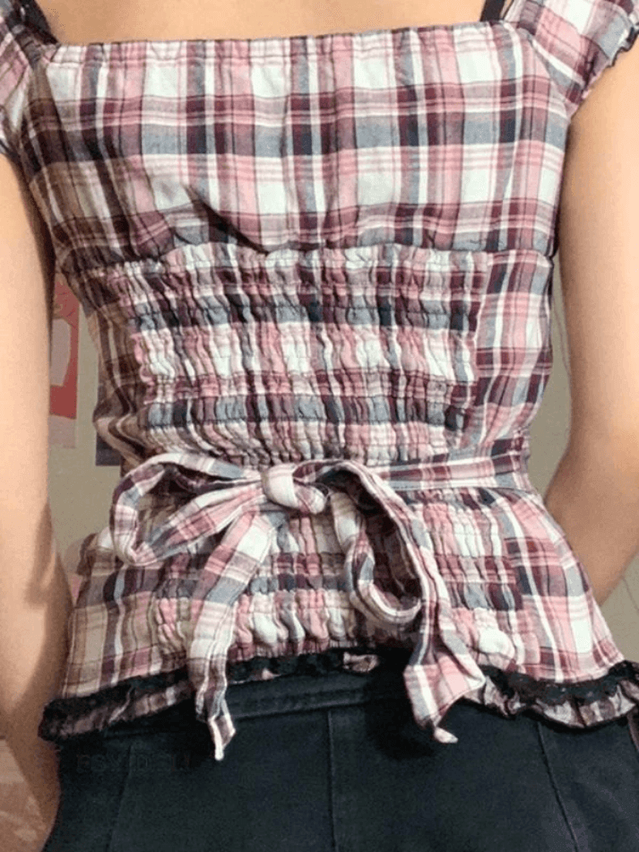 Frill Trim Button Checkered Crop Blouse