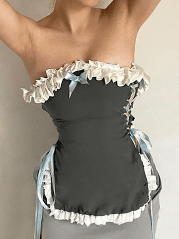 Frill Trim Slit Bandeau Corset Top