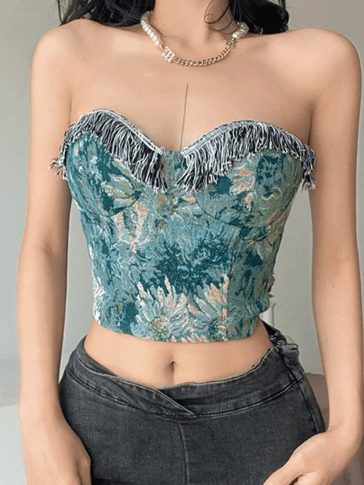 Fringe Trim Smocked Bandeau Corset Top