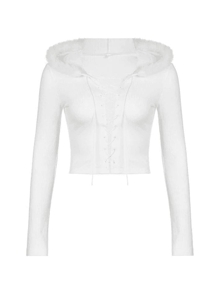 Fuzzy Hood White Ribbed Knit Crop Top