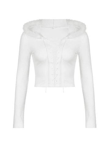 Fuzzy Hood White Ribbed Knit Crop Top