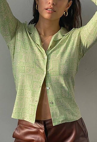 Green Lapel Print Button Blouse