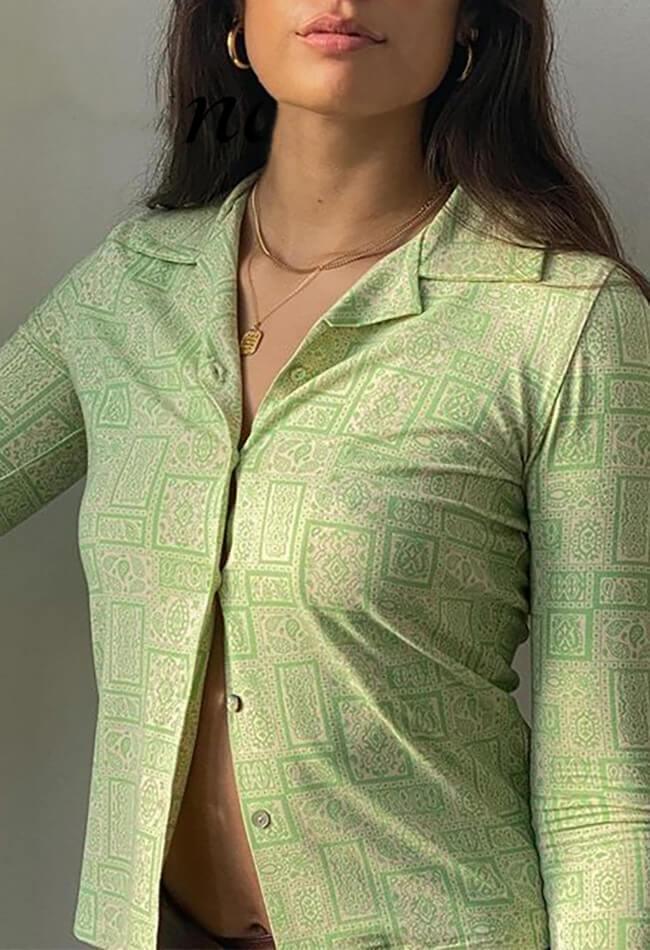 Green Lapel Print Button Blouse