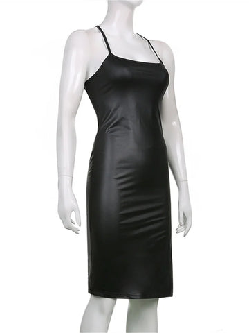 Hirigin PU Leather Black Party Halter Backless Bandage Club Slit Midi Dress