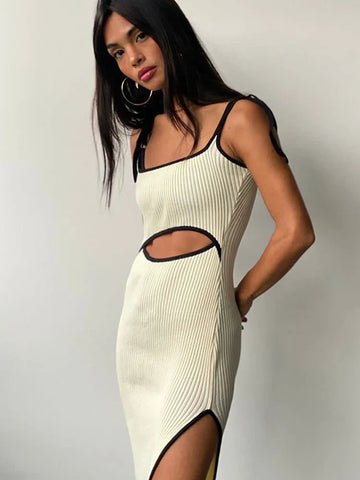 Hirigin Sexy Spaghetti Straps Hollow Out Y2K Elegant Backless Patchwork Midi Dress