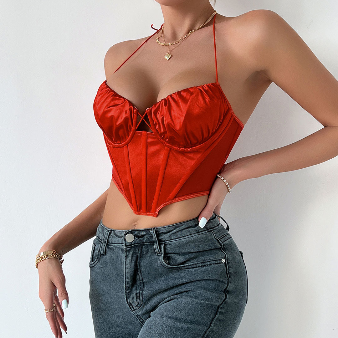 Sweetheart Sheer Mesh Satin Crop Corset Top - Orange Red