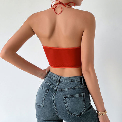 Sweetheart Sheer Mesh Satin Crop Corset Top - Orange Red