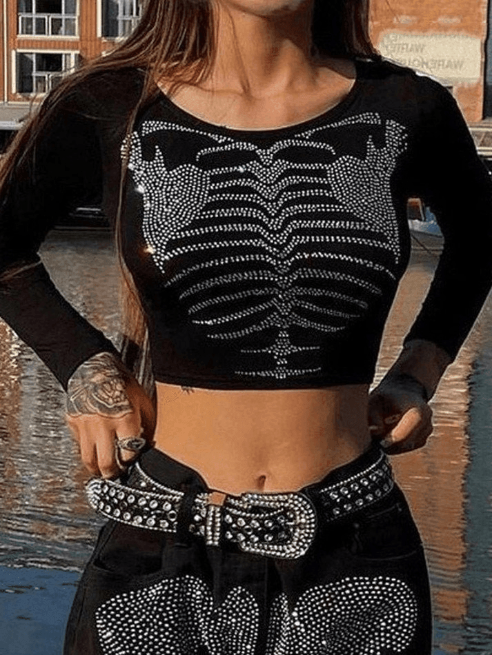 Rhinestone Skull Long Sleeve Crop Top