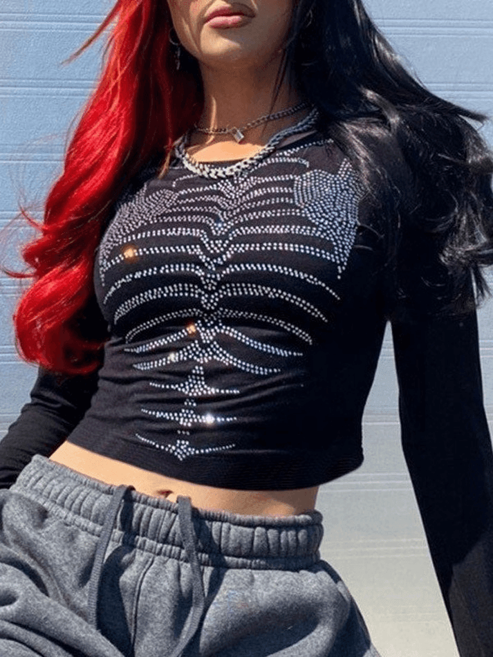 Rhinestone Skull Long Sleeve Crop Top