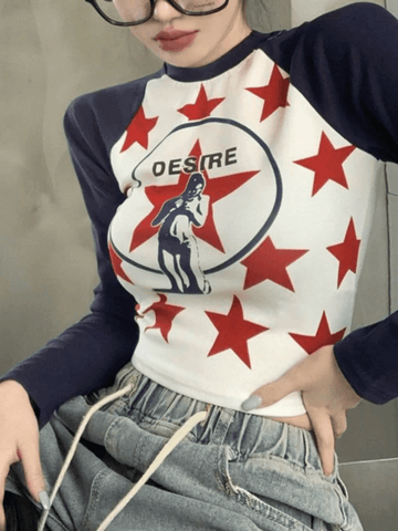 Raglan Sleeve Star Print Crop Top