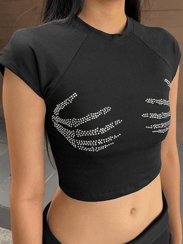 Rhinestone Skull Black Crop Top