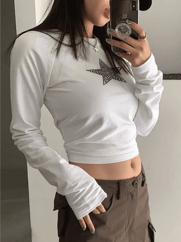 Rhinestone Star White Long Sleeve Crop Top