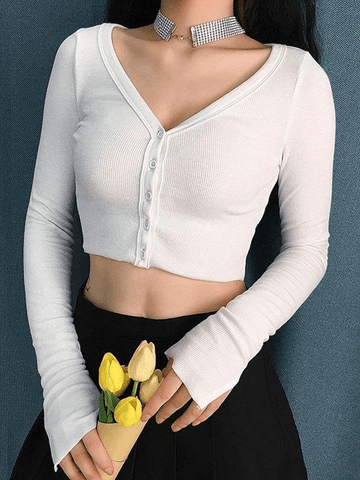 Ribbed Long Sleeve Button Crop Top