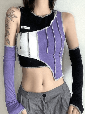 Sleeve Detail Irregular Patchwork Crop Top