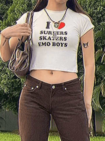 Slogan Print Short Sleeve Crop Top