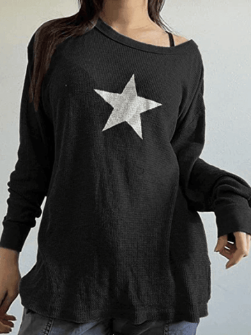 Star Print Long Sleeve Waffle Knit Top