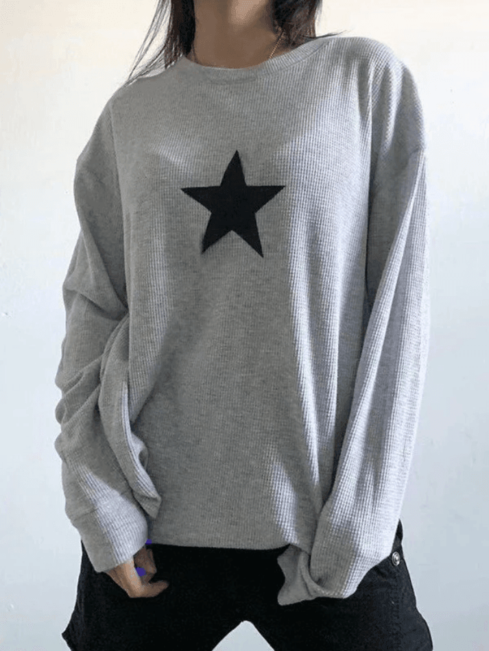 Star Print Long Sleeve Waffle Knit Top